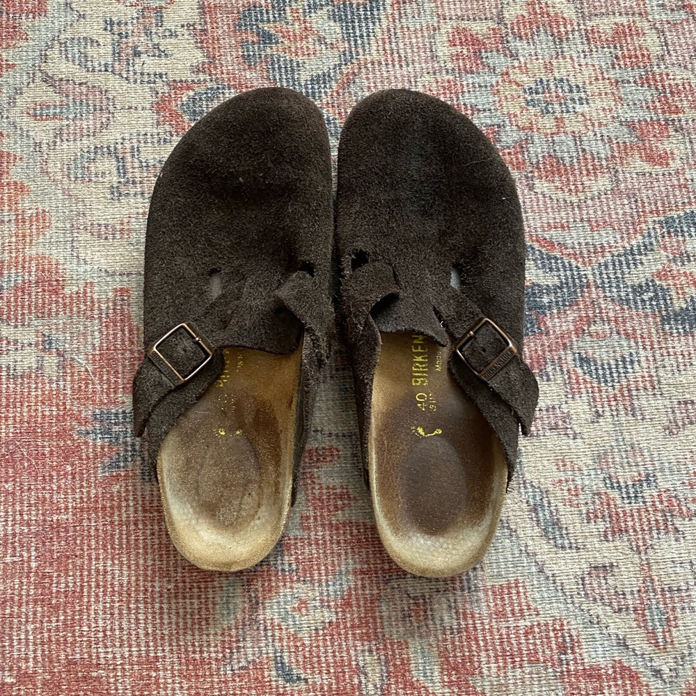 Birkenstock Brown Suede Clogs with Buckles